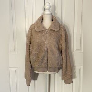 ARDEN Women Plush Jacket, Zip-Up, Ribbed Trim, Beige, Size Medium